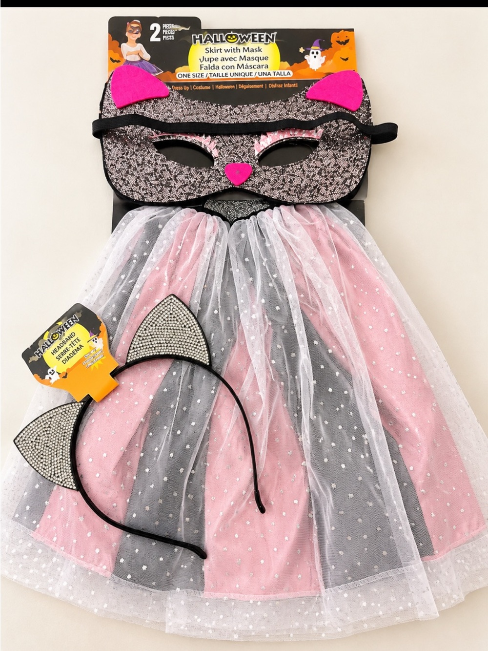 Girls Halloween Cat Skirt Costume Set – Pink, Silver & Black Glitter